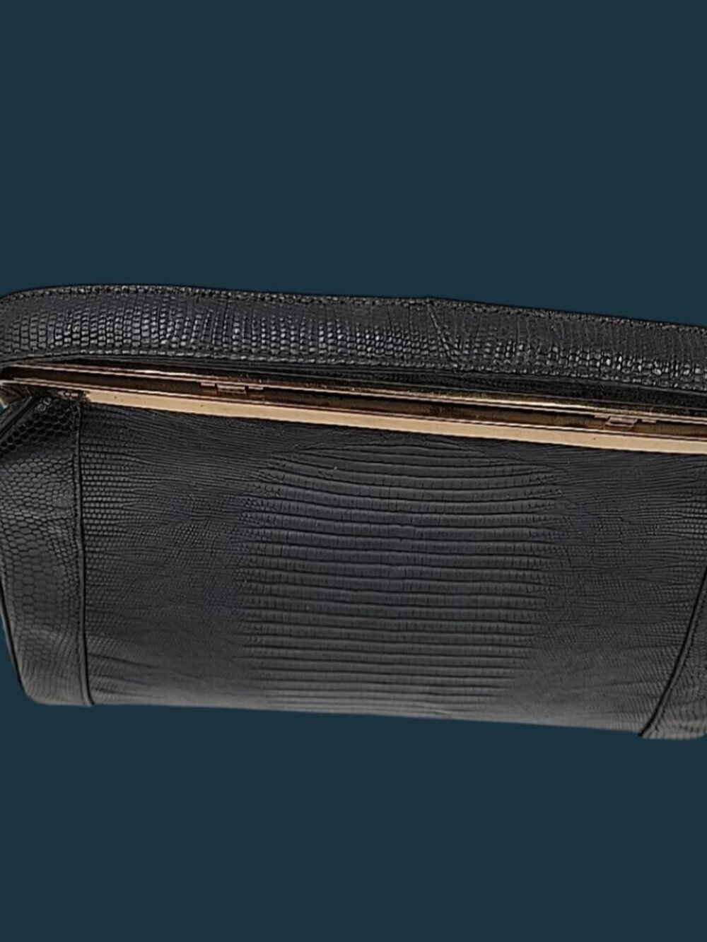 Vintage Sterling USA Black Genuine Lizard Skin Handbag Mid Century Frame Purse - Picture 15 of 16